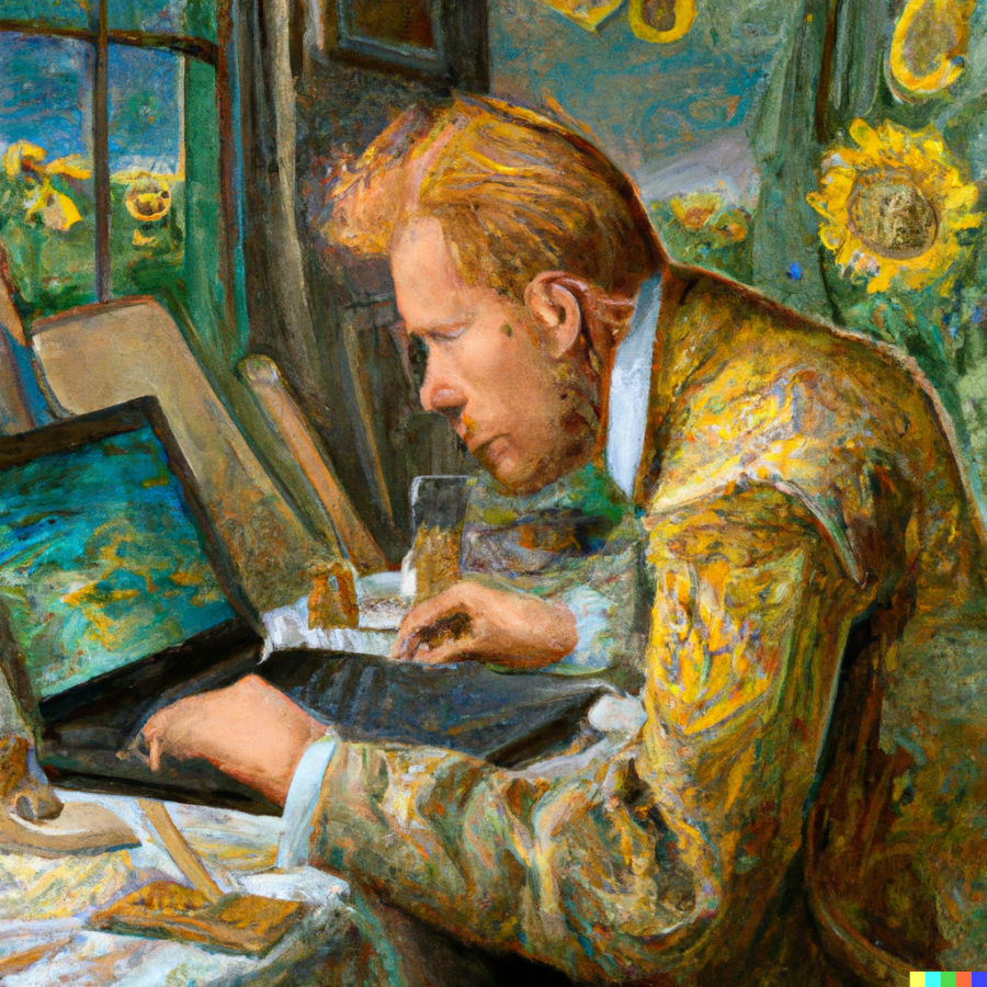 dall_e_2023-03-08_15.08.37_-_van_gogh_painting_of_a_researcher_getting_distracted_from_his_work_by_extremely_interesting_artwork_on_his_laptop_screen_highly_detailed.png
